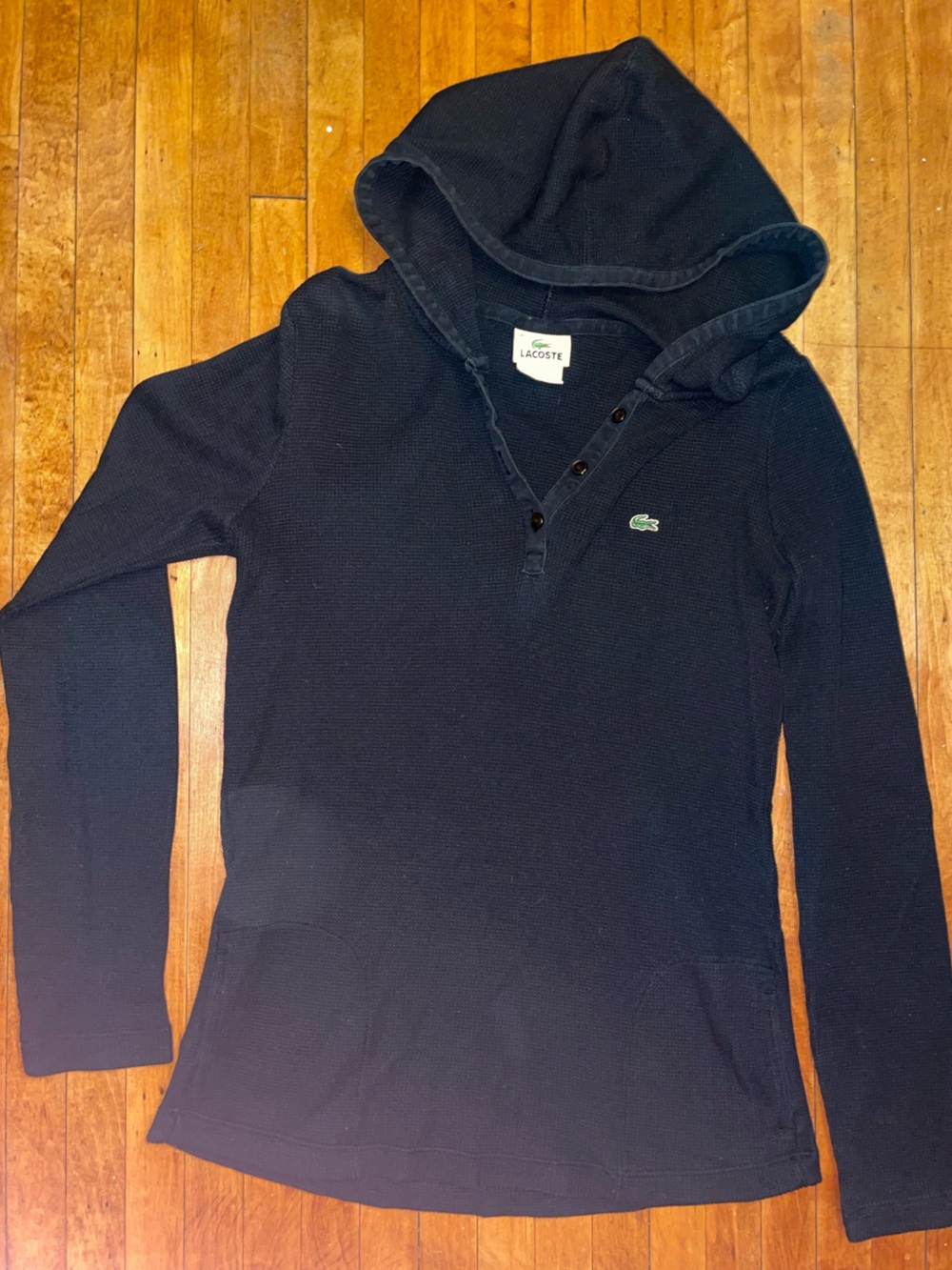 Lacoste Waffle Knit Long Sleeve Lightweight Hoodie with Green Crocodile